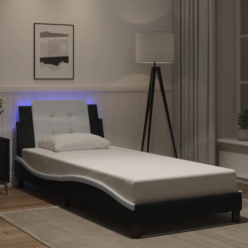 Bedframe met LED-verlichting en multiplex lattenbodem in wit materiaal - Zwart en wit / 100 x 200 cm - Bedden &