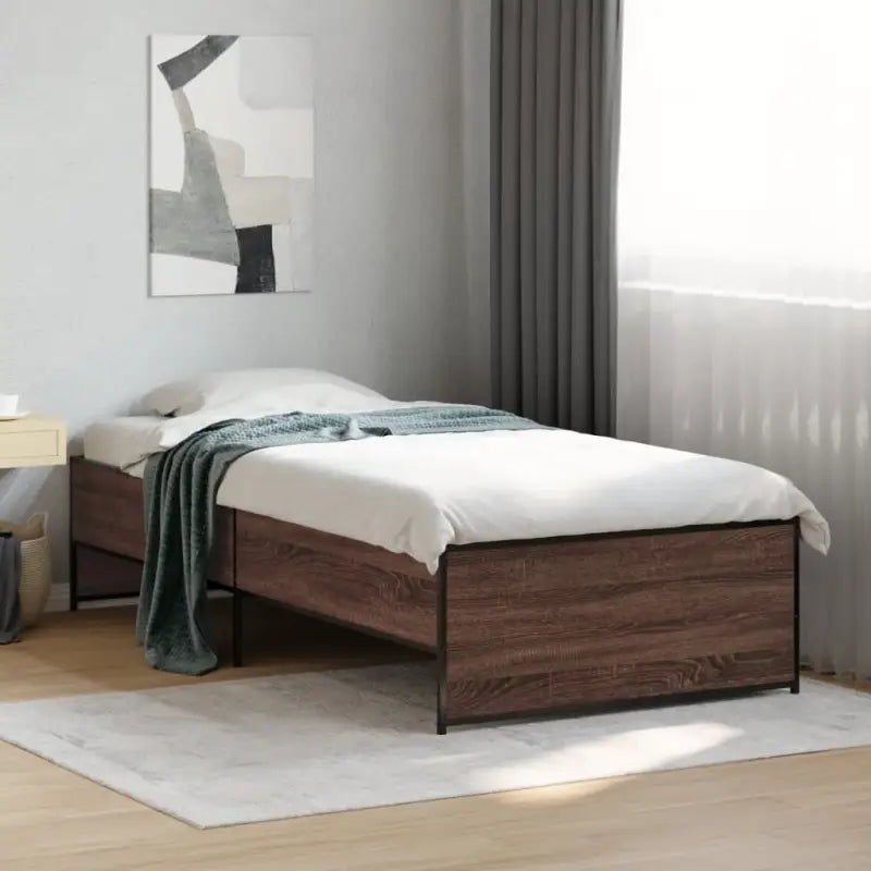 Bedframe met metalen poten en multiplex lattenbodem in grijs sonoma eiken - bruin eikenkleur / 90 x 200 cm - Bedden &