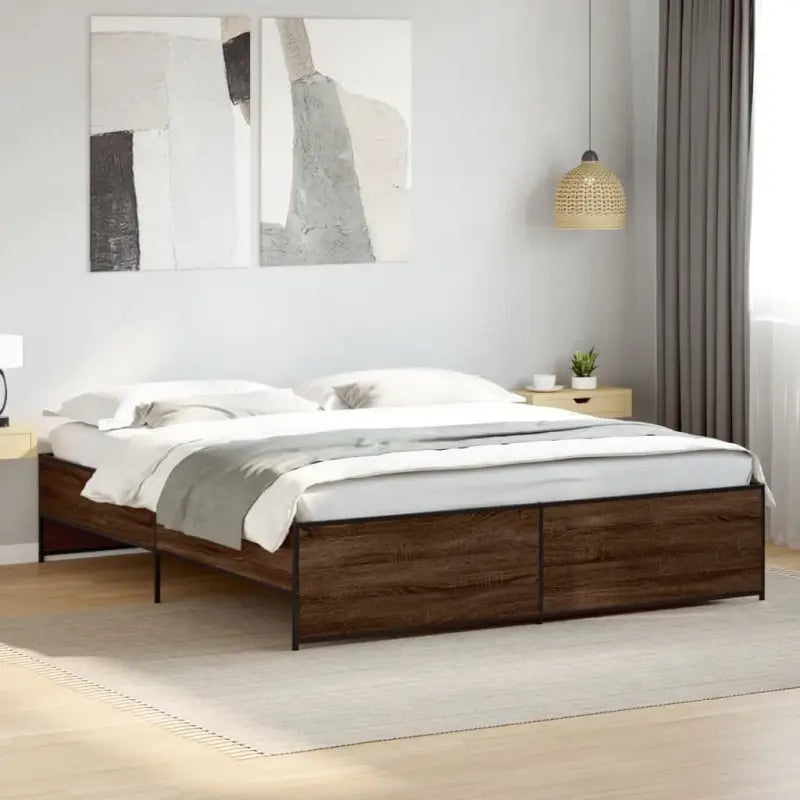 Bedframe met metalen poten en multiplex lattenbodem in grijs sonoma eiken - bruin eikenkleur / 200 x 200 cm - Bedden &