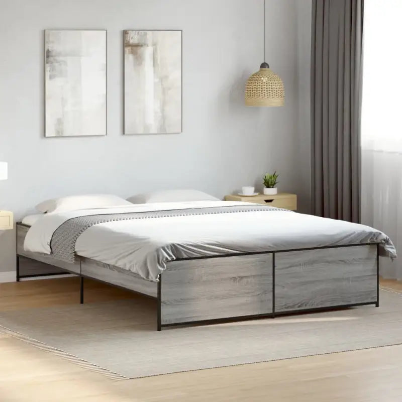 Bedframe met metalen poten en multiplex lattenbodem in grijs sonoma eiken - Grijs sonoma / 160 x 200 cm - Bedden &