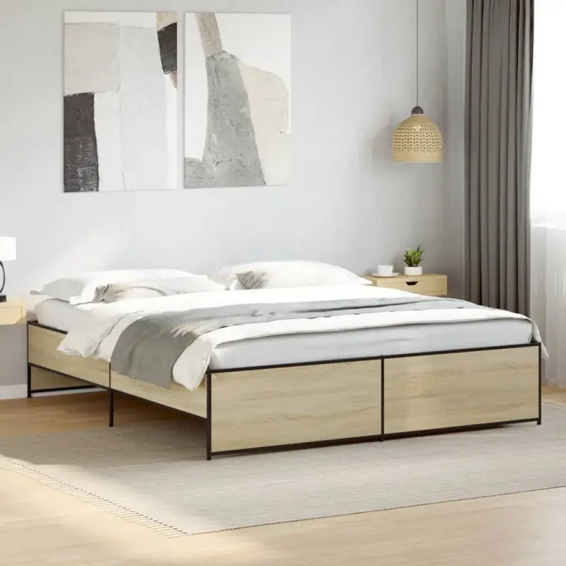 Bedframe met metalen poten en multiplex lattenbodem in grijs sonoma eiken - Sonoma eiken / 180 x 200 cm - Bedden &