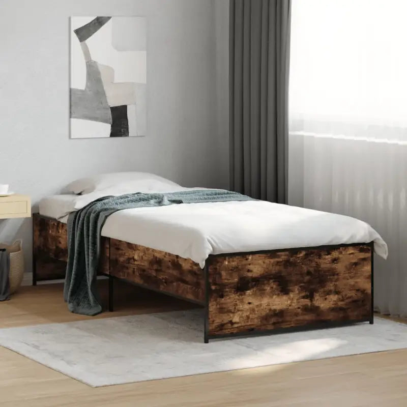 Bedframe met metalen poten en multiplex lattenbodem in grijs sonoma eiken - Gerookt eiken / 90 x 200 cm - Bedden &