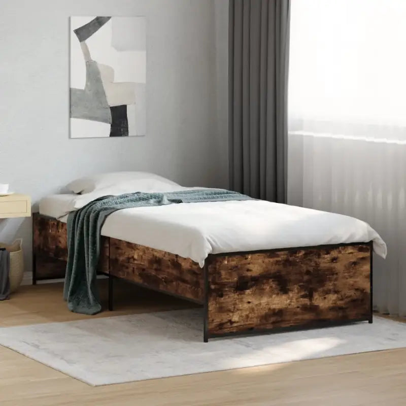 Bedframe met metalen poten en multiplex lattenbodem in grijs sonoma eiken - Gerookt eiken / 75 x 190 cm - Bedden &