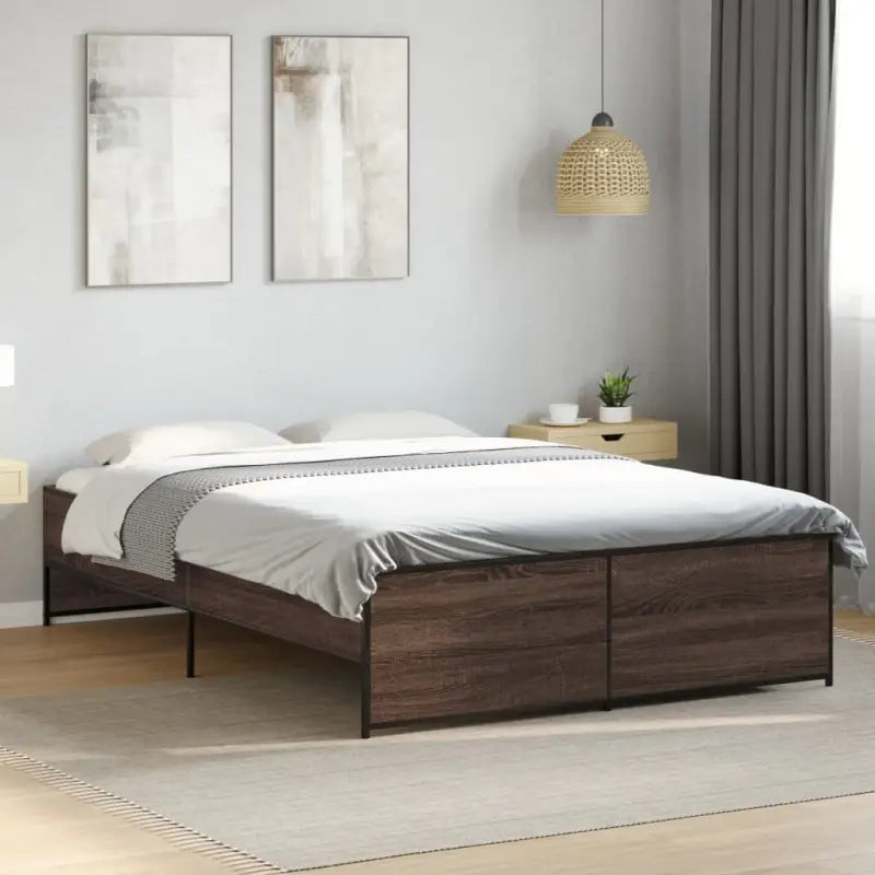 Bedframe met metalen poten en multiplex lattenbodem in grijs sonoma eiken - bruin eikenkleur / 120 x 200 cm - Bedden &