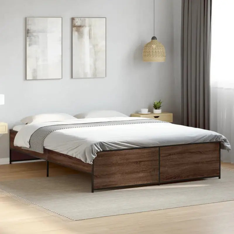 Bedframe met metalen poten en multiplex lattenbodem in grijs sonoma eiken - bruin eikenkleur / 150 x 200 cm - Bedden &