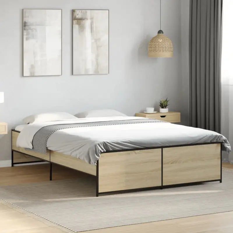 Bedframe met metalen poten en multiplex lattenbodem in grijs sonoma eiken - Sonoma eiken / 120 x 190 cm - Bedden &