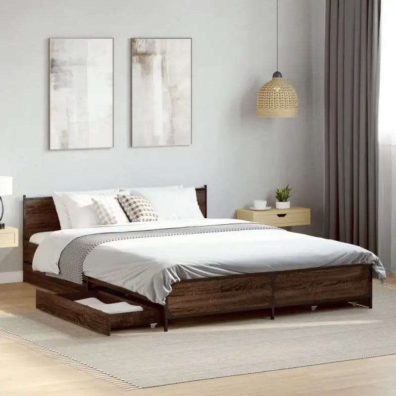 Bedframe met metalen poten en multiplex lattenbodem van bewerkt hout - bruin eikenkleur / 120 x 190 cm - Bedden &