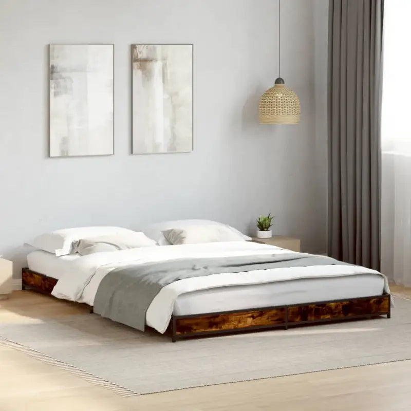 Bedframe met metalen poten en multiplex lattenbodem van bewerkt hout - Gerookt eiken / 120 x 200 cm / 14.5 cm - Bedden
