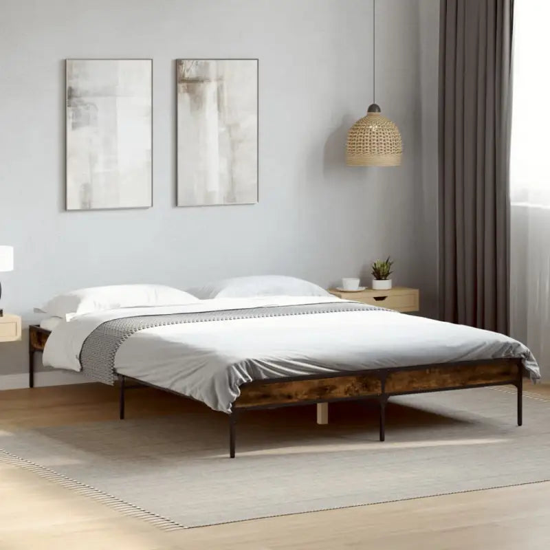 Bedframe met metalen poten en multiplex lattenbodem van bewerkt hout - Gerookt eiken / 140 x 200 cm / 30 cm - Bedden &