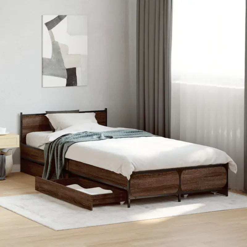 Bedframe met metalen poten en multiplex lattenbodem van bewerkt hout - bruin eikenkleur / 100 x 200 cm - Bedden &