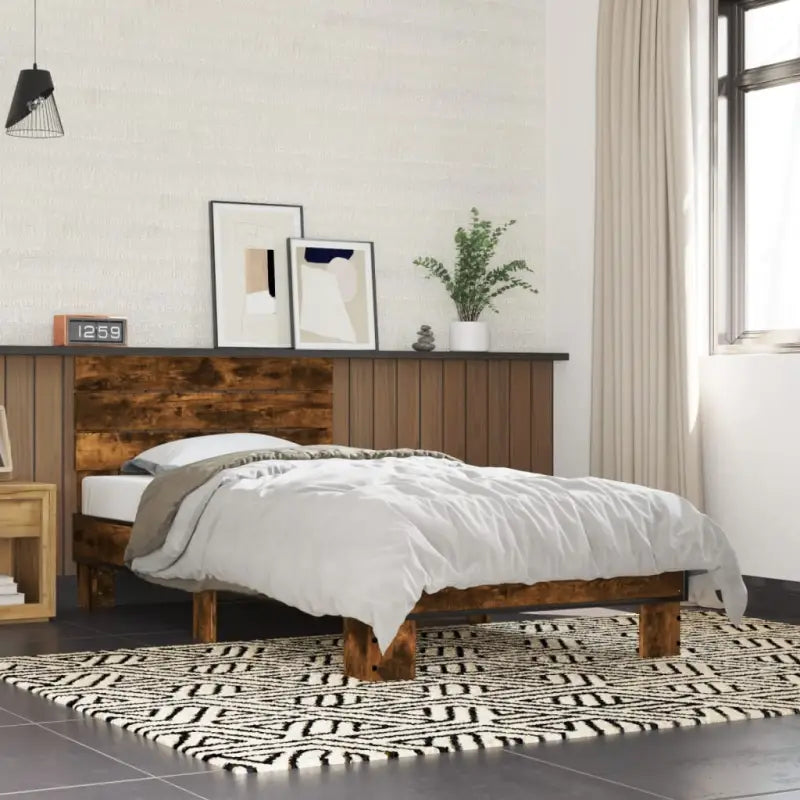Bedframe met metalen poten en multiplex lattenbodem van bewerkt hout - Gerookt eiken / 75 x 190 cm - Bedden & bedframes