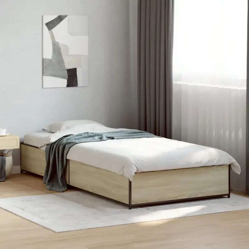 Bedframe met metalen poten en multiplex lattenbodem van bewerkt hout - Sonoma eiken / 90 x 190 cm / 29 cm - Bedden &