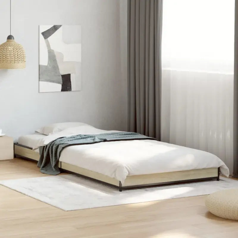 Bedframe met metalen poten en multiplex lattenbodem van bewerkt hout - Sonoma eiken / 75 x 190 cm / 14.5 cm - Bedden &
