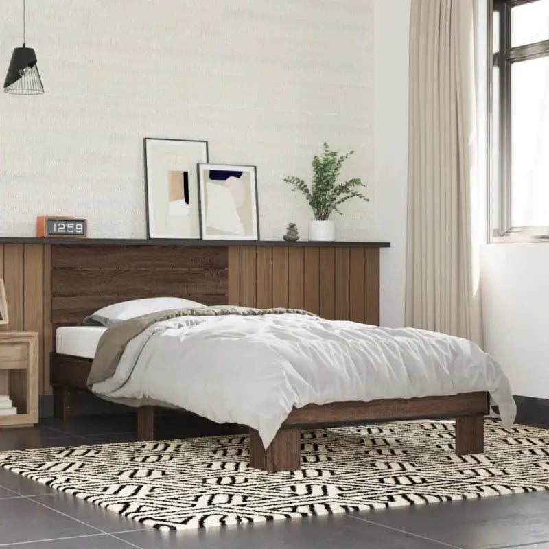 Bedframe met metalen poten en multiplex lattenbodem van bewerkt hout - bruin eikenkleur / 100 x 200 cm - Bedden &