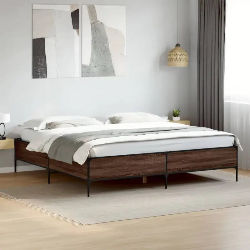 Bedframe met metalen poten en multiplex lattenbodem van bewerkt hout - bruin eikenkleur / 180 x 200 cm / 44 cm - Bedden