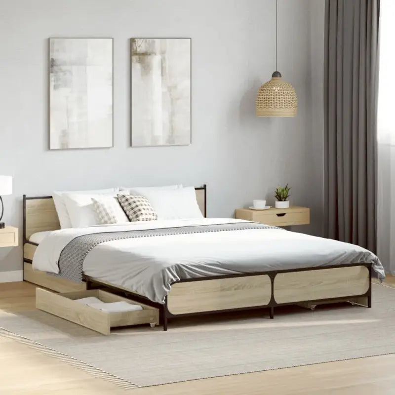Bedframe met metalen poten en multiplex lattenbodem van bewerkt hout - Sonoma eiken / 120 x 190 cm - Bedden & bedframes