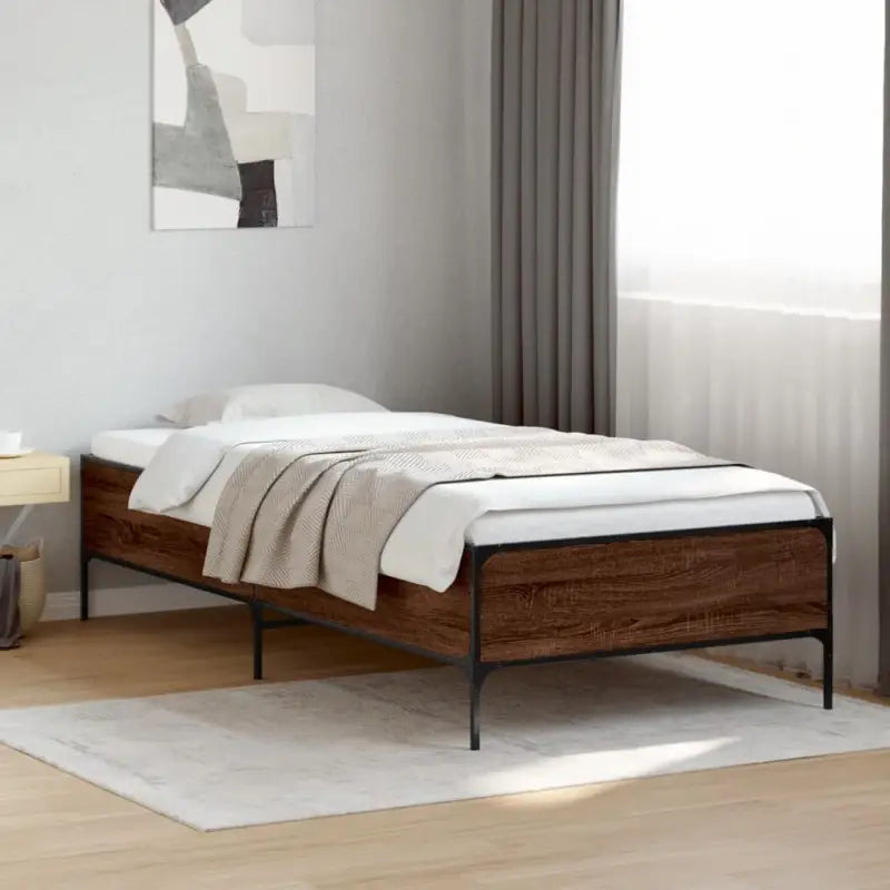 Bedframe met metalen poten en multiplex lattenbodem van bewerkt hout - bruin eikenkleur / 100 x 200 cm / 44 cm - Bedden