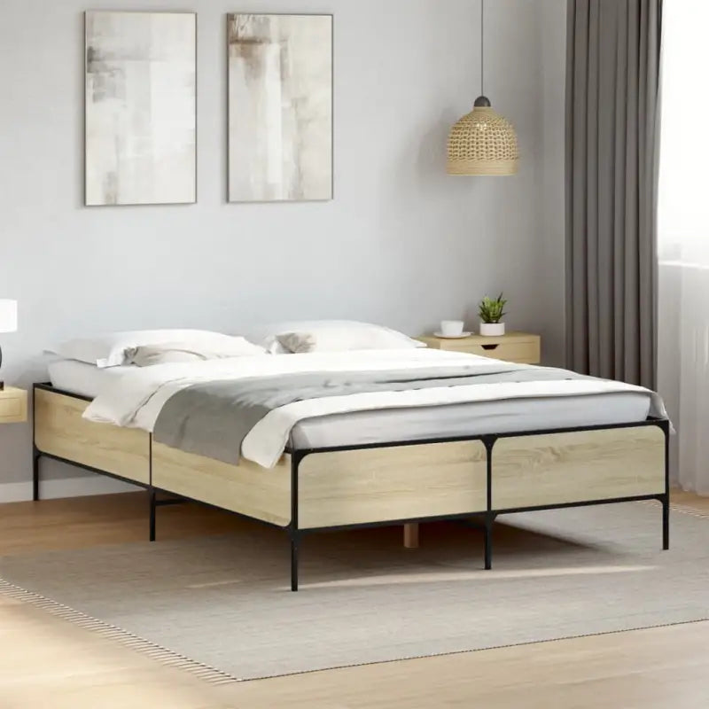 Bedframe met metalen poten en multiplex lattenbodem van bewerkt hout - Sonoma eiken / 135 x 190 cm / 44 cm - Bedden &