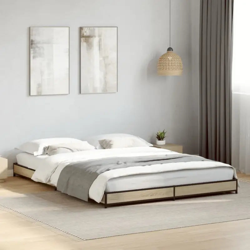 Bedframe met metalen poten en multiplex lattenbodem van bewerkt hout - Sonoma eiken / 150 x 200 cm / 14.5 cm - Bedden &