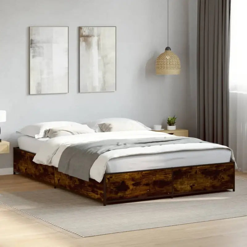 Bedframe met metalen poten en multiplex lattenbodem van bewerkt hout - Gerookt eiken / 120 x 190 cm / 29 cm - Bedden &