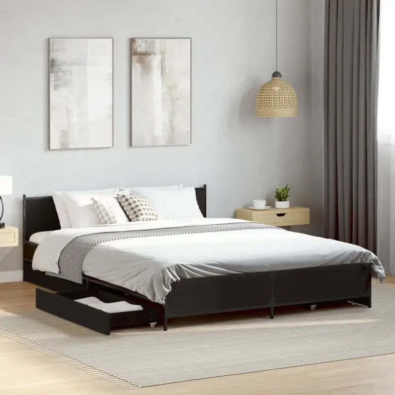 Bedframe met metalen poten en multiplex lattenbodem van bewerkt hout - Zwart / 135 x 190 cm - Bedden & bedframes
