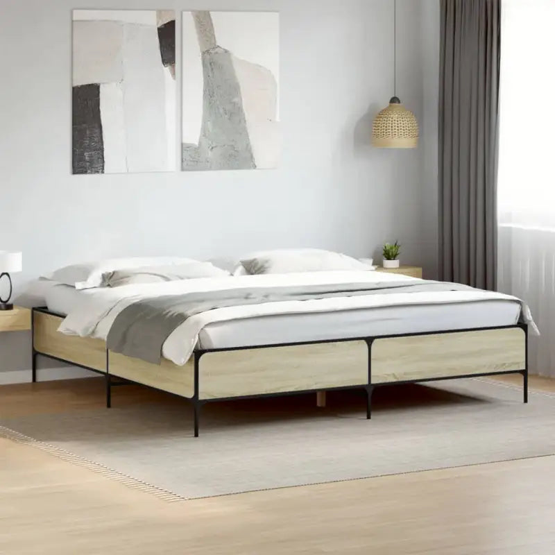 Bedframe met metalen poten en multiplex lattenbodem van bewerkt hout - Sonoma eiken / 180 x 200 cm / 44 cm - Bedden &