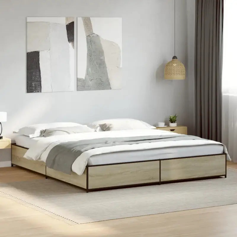 Bedframe met metalen poten en multiplex lattenbodem van bewerkt hout - Sonoma eiken / 160 x 200 cm / 29 cm - Bedden &