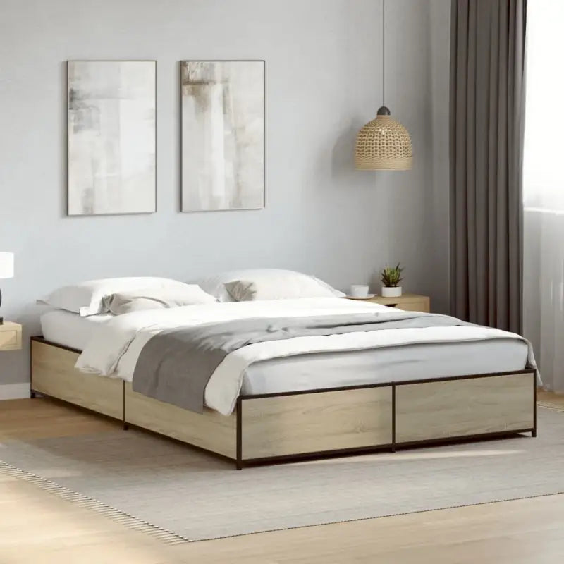 Bedframe met metalen poten en multiplex lattenbodem van bewerkt hout - Sonoma eiken / 120 x 190 cm / 29 cm - Bedden &