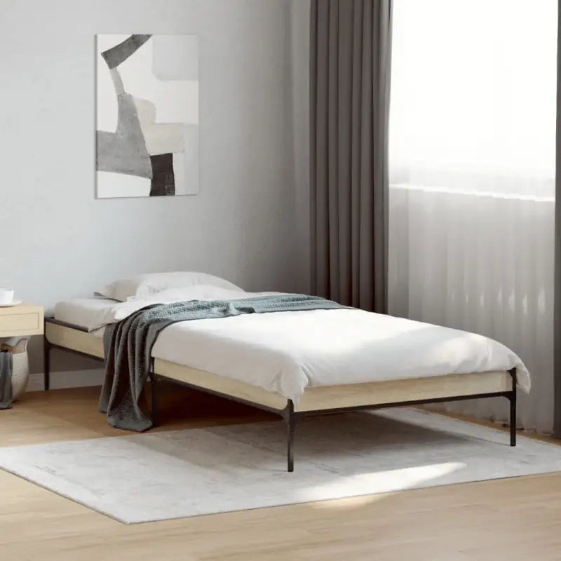 Bedframe met metalen poten en multiplex lattenbodem van bewerkt hout - Sonoma eiken / 90 x 190 cm / 30 cm - Bedden &