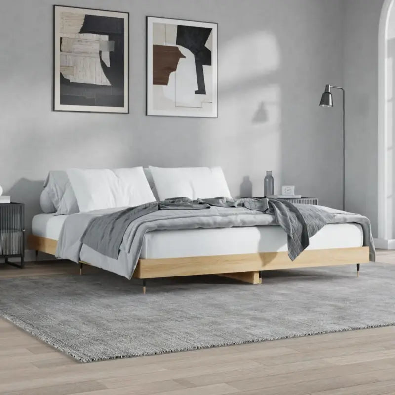 Bedframe met metalen poten en multiplex lattenbodem van bewerkt hout - Sonoma eiken / 150 x 200 cm - Bedden & bedframes