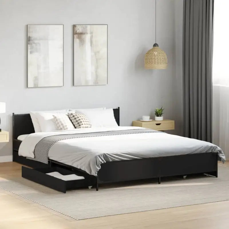 Bedframe met metalen poten en multiplex lattenbodem van bewerkt hout - Zwart / 140 x 200 cm - Bedden & bedframes
