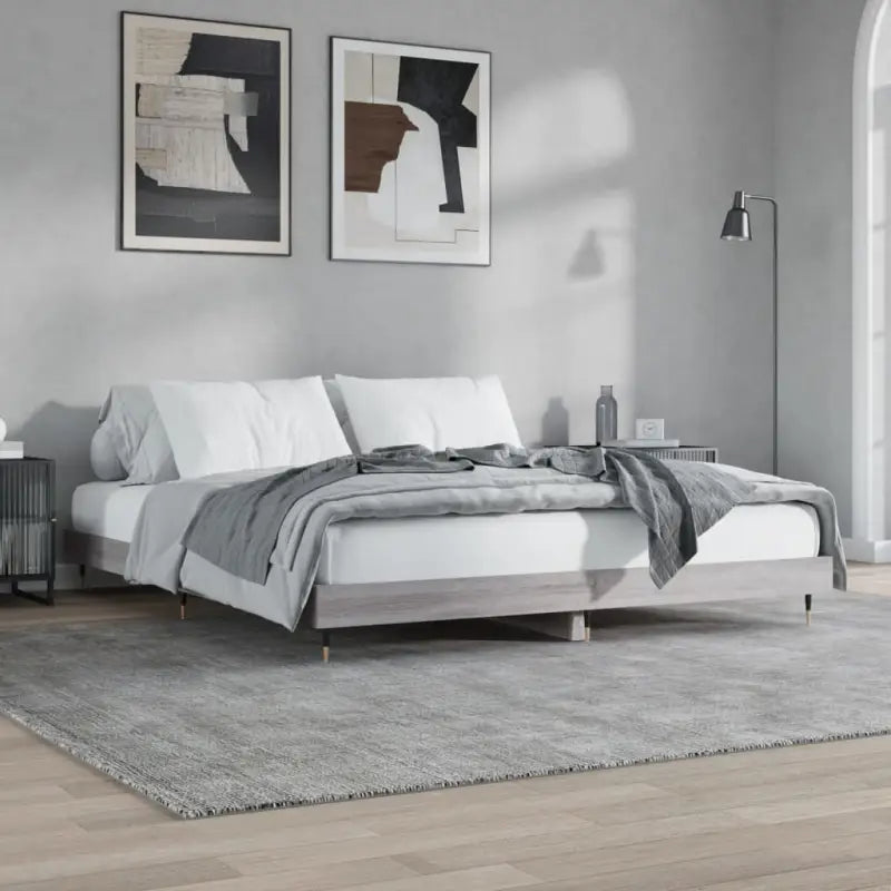 Bedframe met metalen poten en multiplex lattenbodem van bewerkt hout - Grijs sonoma / 140 x 200 cm - Bedden & bedframes