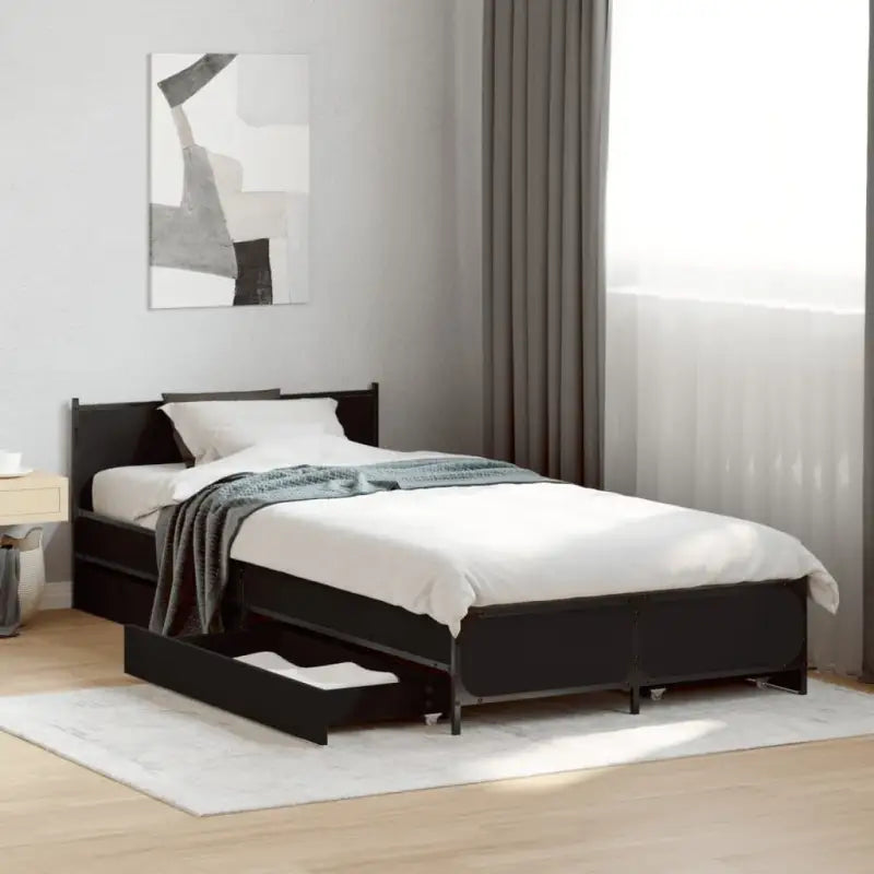 Bedframe met metalen poten en multiplex lattenbodem van bewerkt hout - Zwart / 100 x 200 cm - Bedden & bedframes