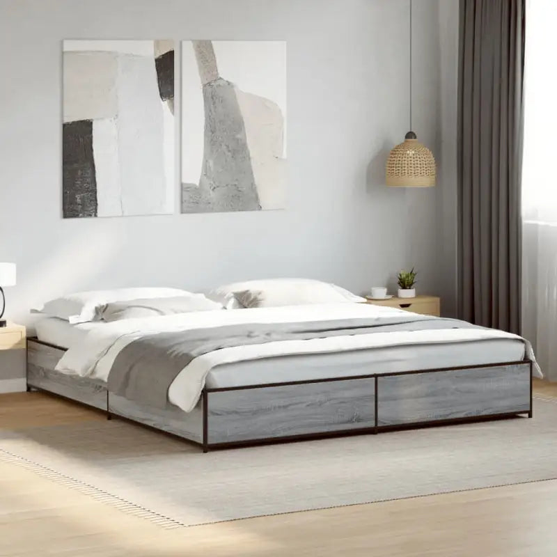 Bedframe met metalen poten en multiplex lattenbodem van bewerkt hout - Grijs sonoma / 200 x 200 cm / 29 cm - Bedden &