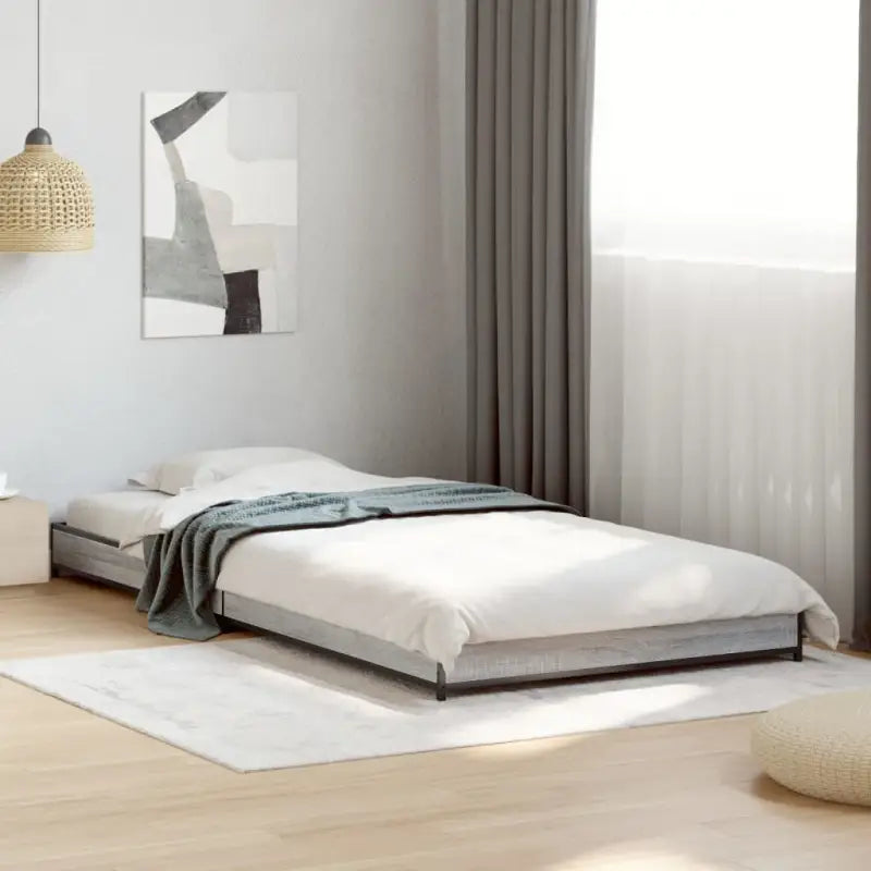 Bedframe met metalen poten en multiplex lattenbodem van bewerkt hout - Grijs sonoma / 75 x 190 cm / 14.5 cm - Bedden &