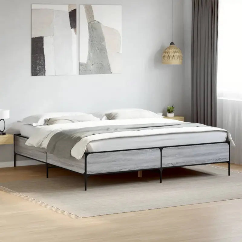 Bedframe met metalen poten en multiplex lattenbodem van bewerkt hout - Grijs sonoma / 200 x 200 cm / 44 cm - Bedden &