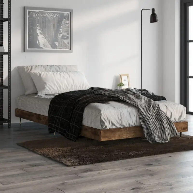 Bedframe met metalen poten en multiplex lattenbodem van bewerkt hout - Gerookt eiken / 90 x 200 cm - Bedden & bedframes