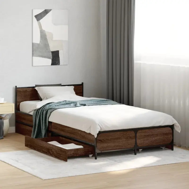 Bedframe met metalen poten en multiplex lattenbodem van bewerkt hout - bruin eikenkleur / 75 x 190 cm - Bedden &