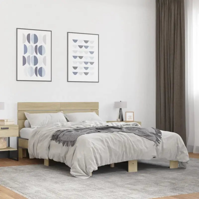 Bedframe met metalen poten en multiplex lattenbodem van bewerkt hout - Sonoma eiken / 135 x 190 cm - Bedden & bedframes