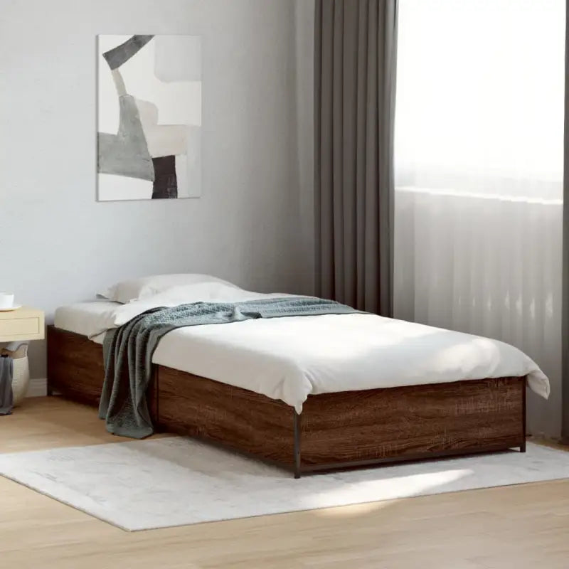 Bedframe met metalen poten en multiplex lattenbodem van bewerkt hout - bruin eikenkleur / 90 x 200 cm / 29 cm - Bedden