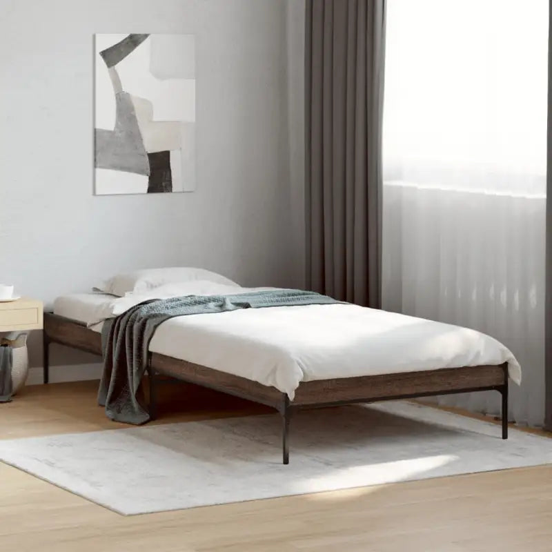 Bedframe met metalen poten en multiplex lattenbodem van bewerkt hout - bruin eikenkleur / 90 x 200 cm / 30 cm - Bedden