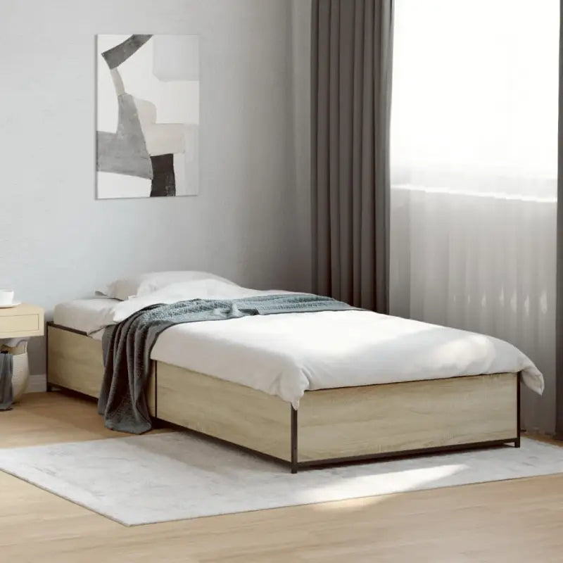 Bedframe met metalen poten en multiplex lattenbodem van bewerkt hout - Sonoma eiken / 100 x 200 cm / 29 cm - Bedden &