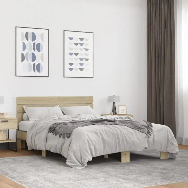 Bedframe met metalen poten en multiplex lattenbodem van bewerkt hout - Sonoma eiken / 140 x 190 cm - Bedden & bedframes