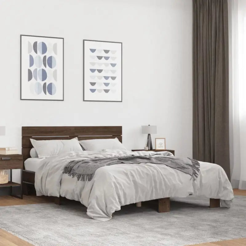 Bedframe met metalen poten en multiplex lattenbodem van bewerkt hout - bruin eikenkleur / 120 x 190 cm - Bedden &