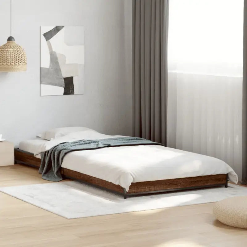 Bedframe met metalen poten en multiplex lattenbodem van bewerkt hout - bruin eikenkleur / 100 x 200 cm / 14.5 cm