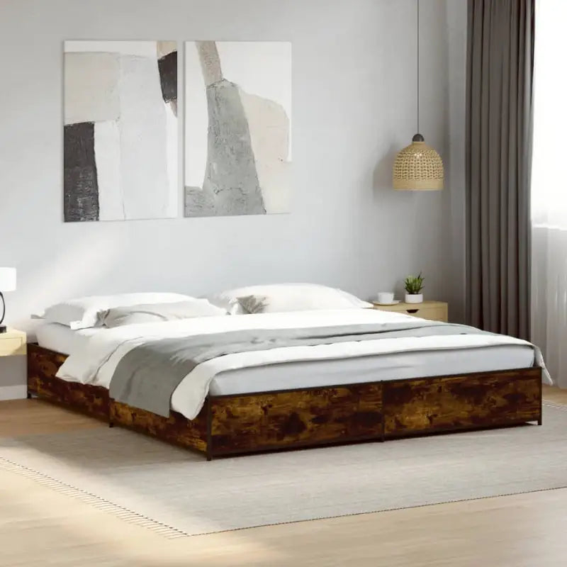 Bedframe met metalen poten en multiplex lattenbodem van bewerkt hout - Gerookt eiken / 200 x 200 cm / 29 cm - Bedden &