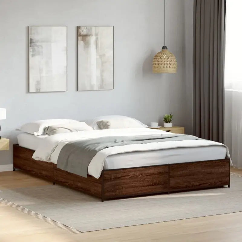 Bedframe met metalen poten en multiplex lattenbodem van bewerkt hout - bruin eikenkleur / 120 x 190 cm / 29 cm - Bedden
