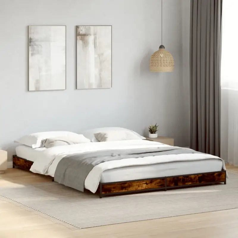 Bedframe met metalen poten en multiplex lattenbodem van bewerkt hout - Gerookt eiken / 120 x 190 cm / 14.5 cm - Bedden