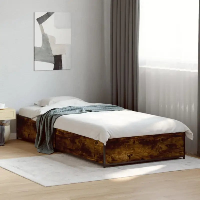 Bedframe met metalen poten en multiplex lattenbodem van bewerkt hout - Gerookt eiken / 90 x 190 cm / 29 cm - Bedden &