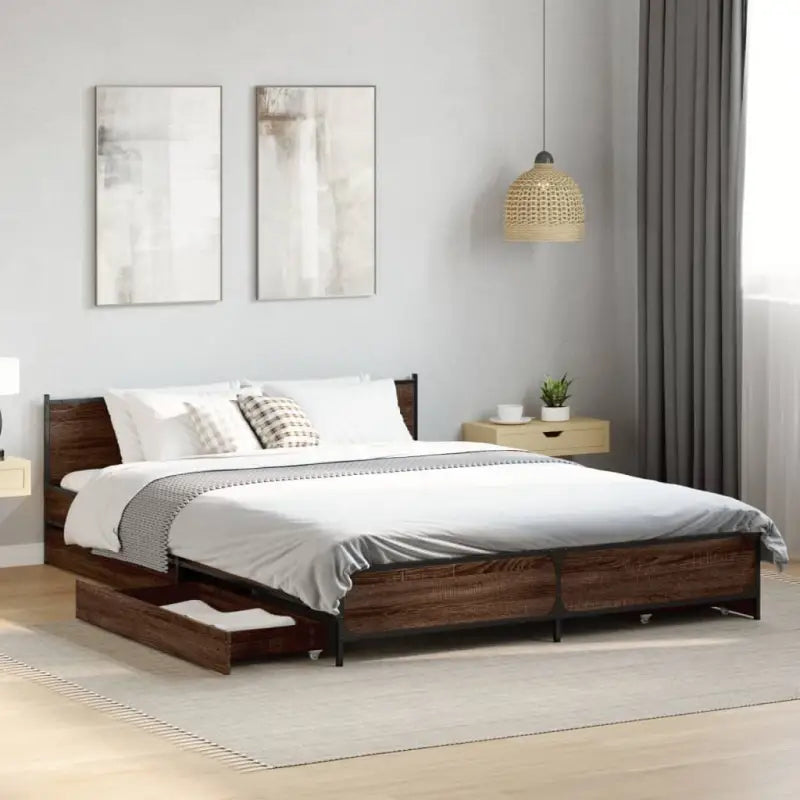Bedframe met metalen poten en multiplex lattenbodem van bewerkt hout - bruin eikenkleur / 120 x 200 cm - Bedden &